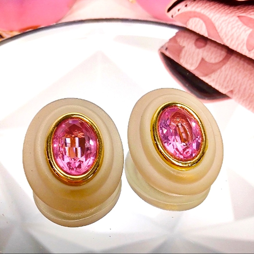 Givenchy Couture Rare 18k Gold, Lucite & Pink Sapphire Clip-On Earrings